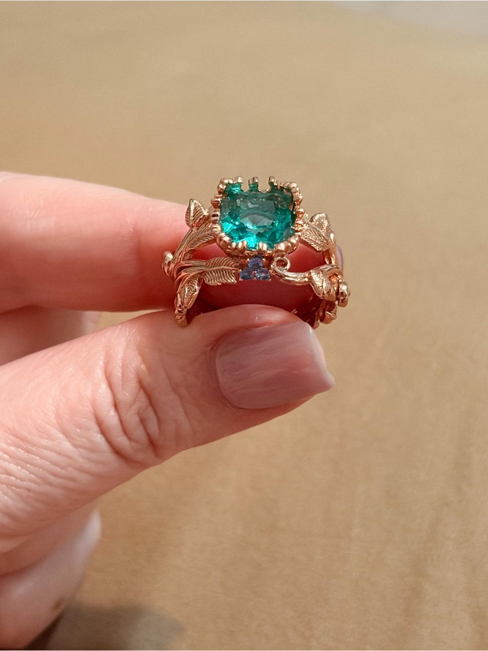 Gold Leaf Ring with Aqua Green Center Stone